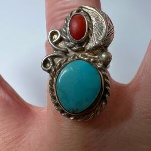 Turquoise & Coral Sterling Silver 925 Ring, Size 6.5